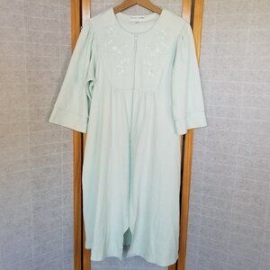 Miss Elaine Cozy Full Zip Robe Green Embroidery Pockets 3/4 sleeves Size PM